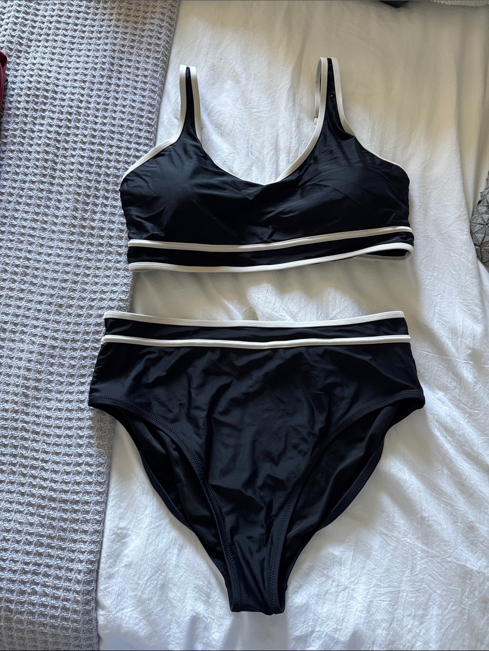 Black High-Waist Two-Piece Swimsuit with White Trim